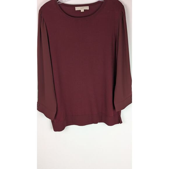 Loft sweater wine red L Semi Sheer cuffed 3/4 sleeves21"Bust 43" C back26"NWOT - Picture 8 of 9